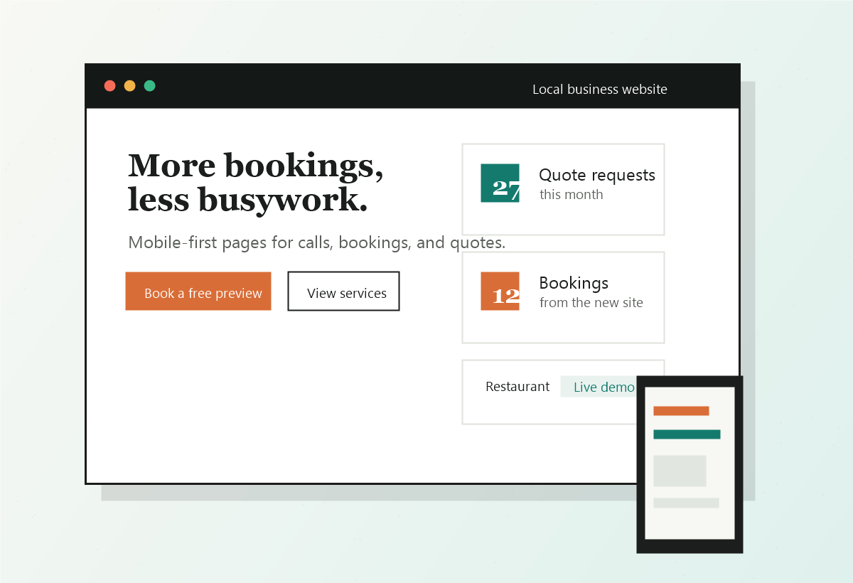 A premium local business website dashboard showing bookings and quote requests.